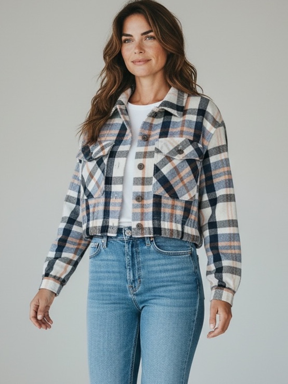 No Comment NY-LA Plaid Crop Shacket Jacket with Pockets